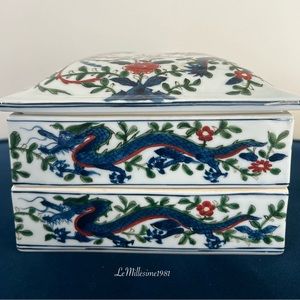 Vintage Chinese Dragon Phoenix 2 Tiered Stacked Porcelain Box | Chinoiserie